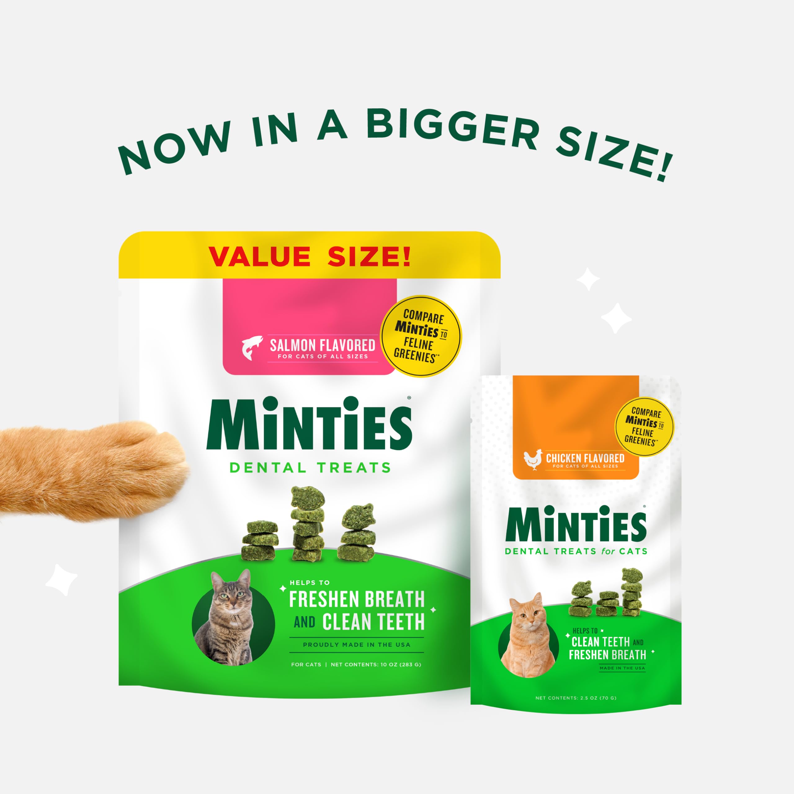 Texture croquante Minties en gros plan, friandise appréciée par les chats.