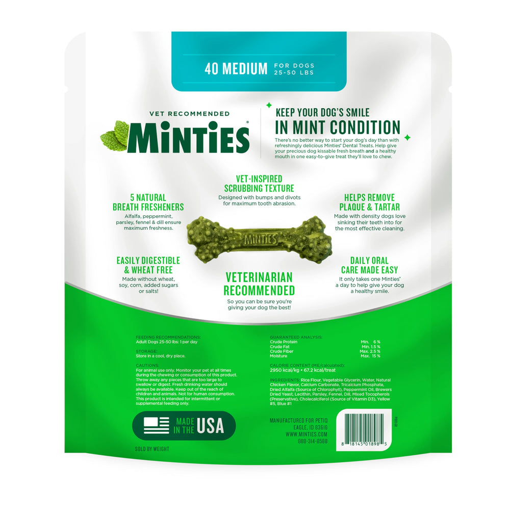 Minties dental chews 40-count label suggests long-lasting supply.