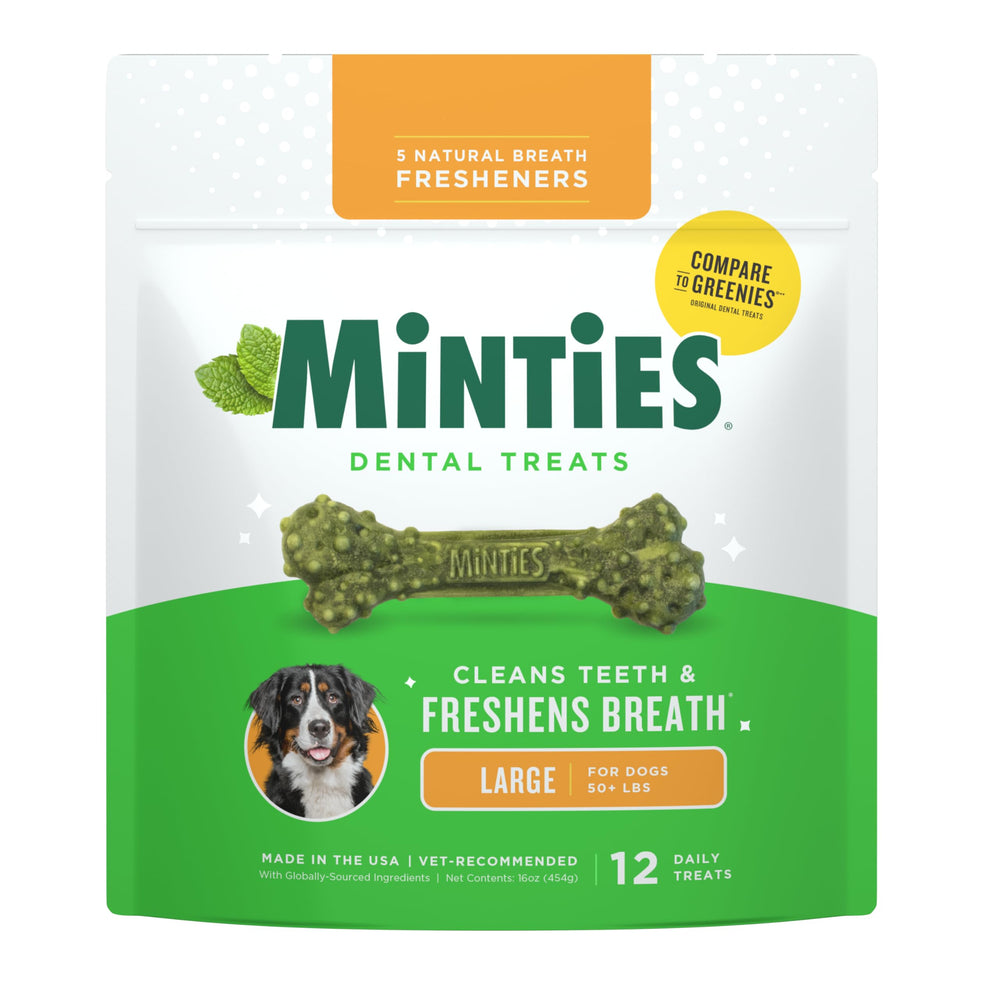 Minties dental chews large dog bone shape helps scrub teeth during chewing.