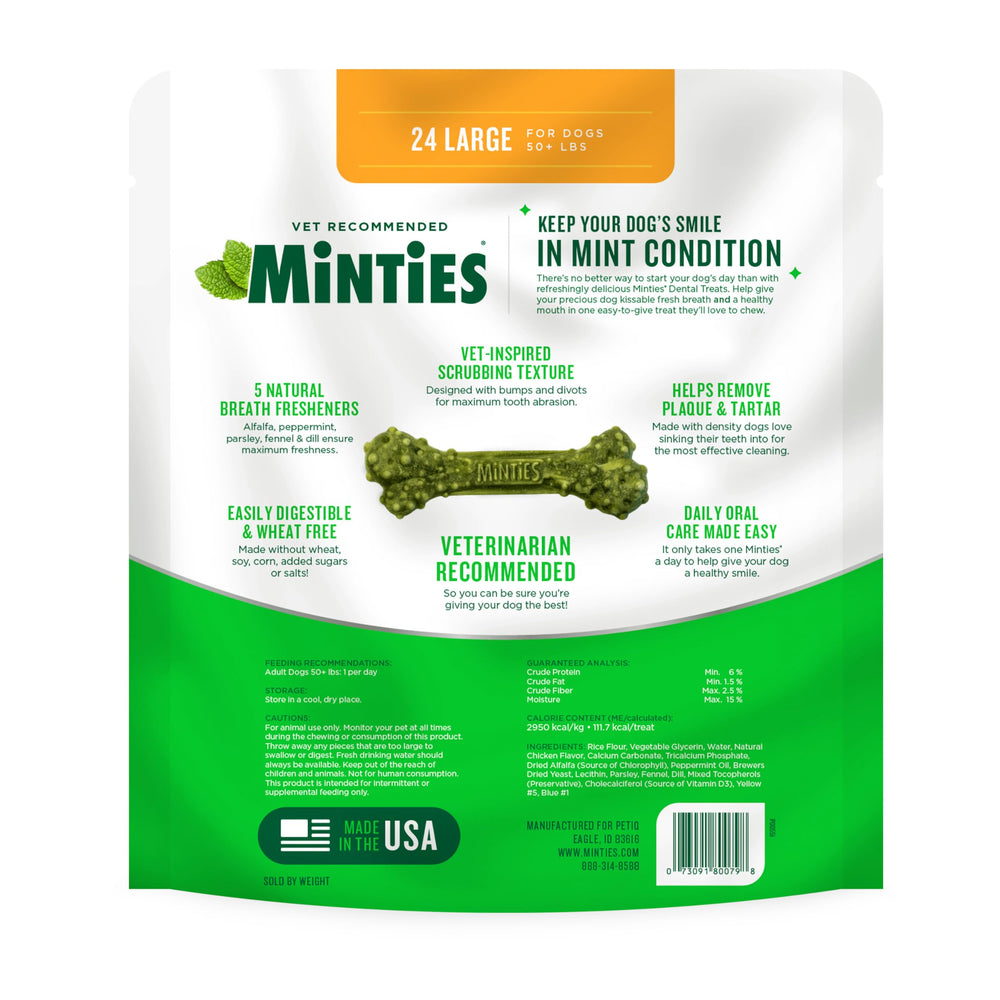 Minties dental chews large dog bones pack back detail with serving guidance