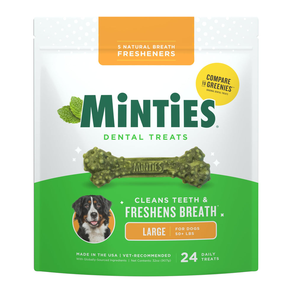 Minties dental chews large dog bones pack front promotes vet-recommended breath freshening