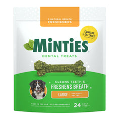 Minties dental chews large dog bones pack front promotes vet-recommended breath freshening