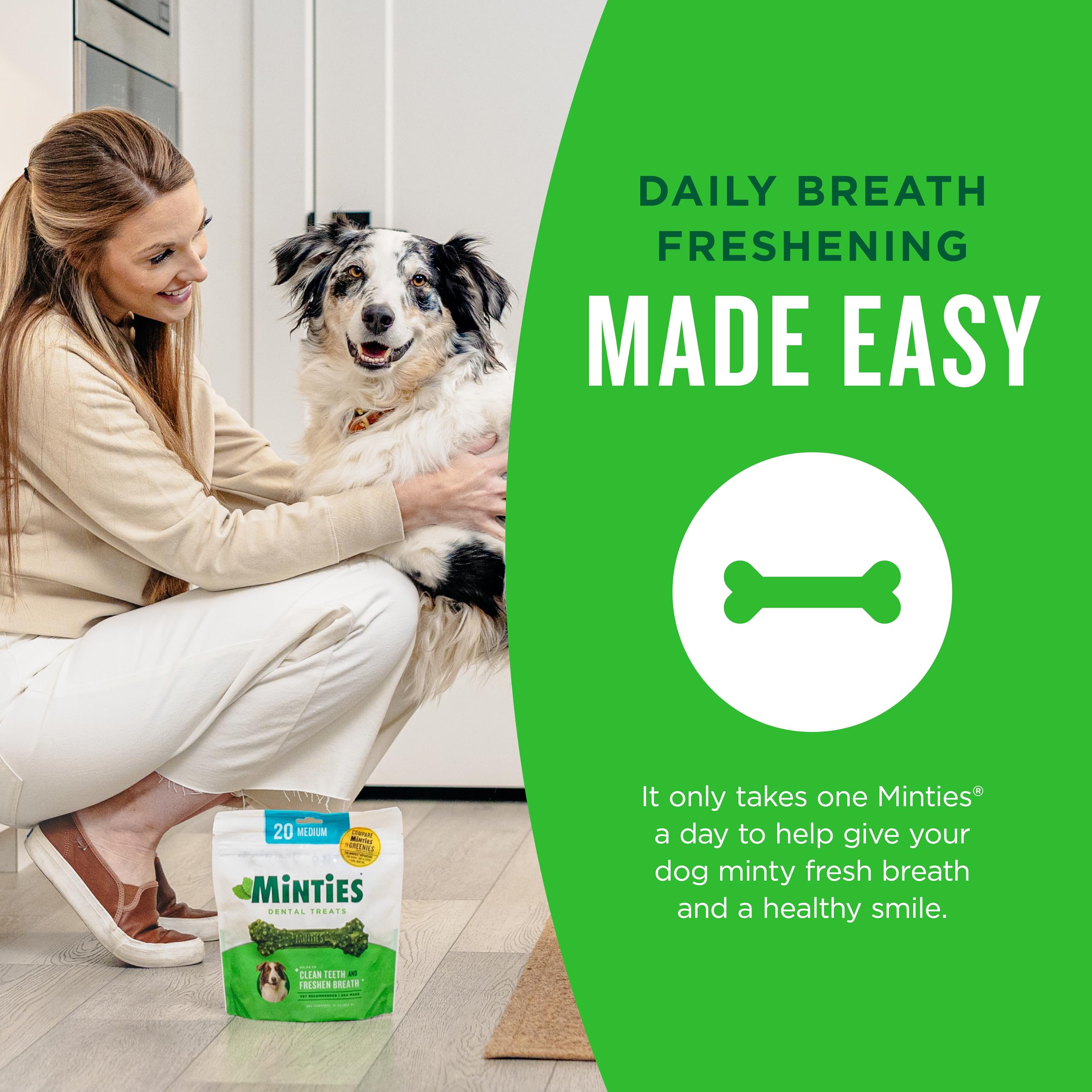 Minties large-dog friendly chew size shown beside a content canine.