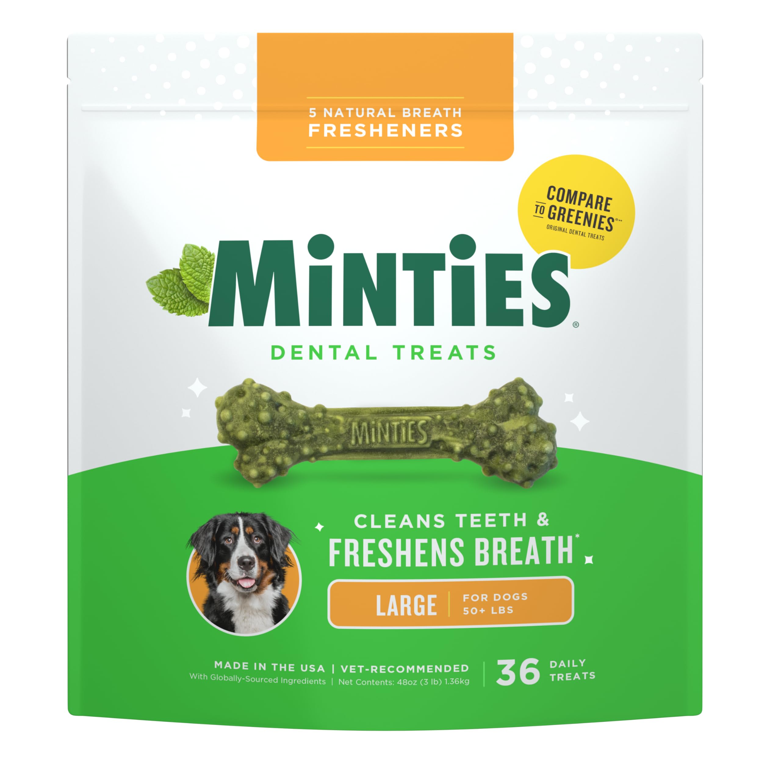 Minties large-dog dental chews 36-count pack for fresher breath and cleaner teeth.