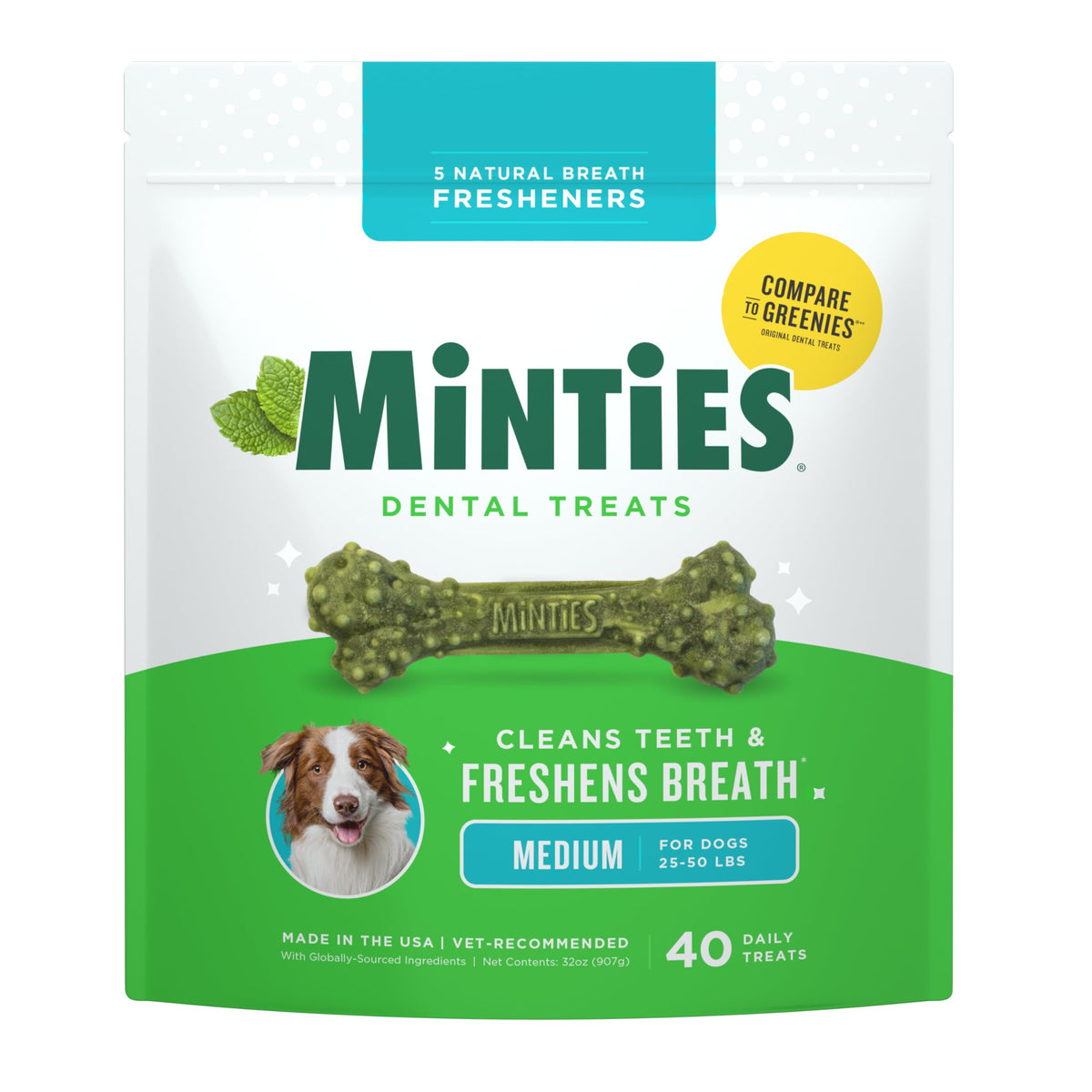 Minties dental chews packaging front shows brand and vet-recommended status.