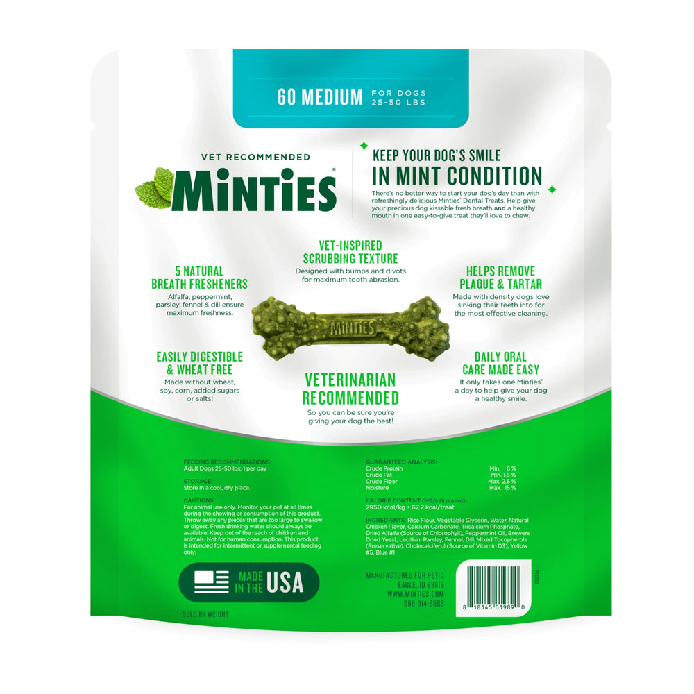 Minties dental treats suited for medium to large dogs.