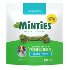 Minties dog dental bone treats in a 60-count package for at-home oral care.