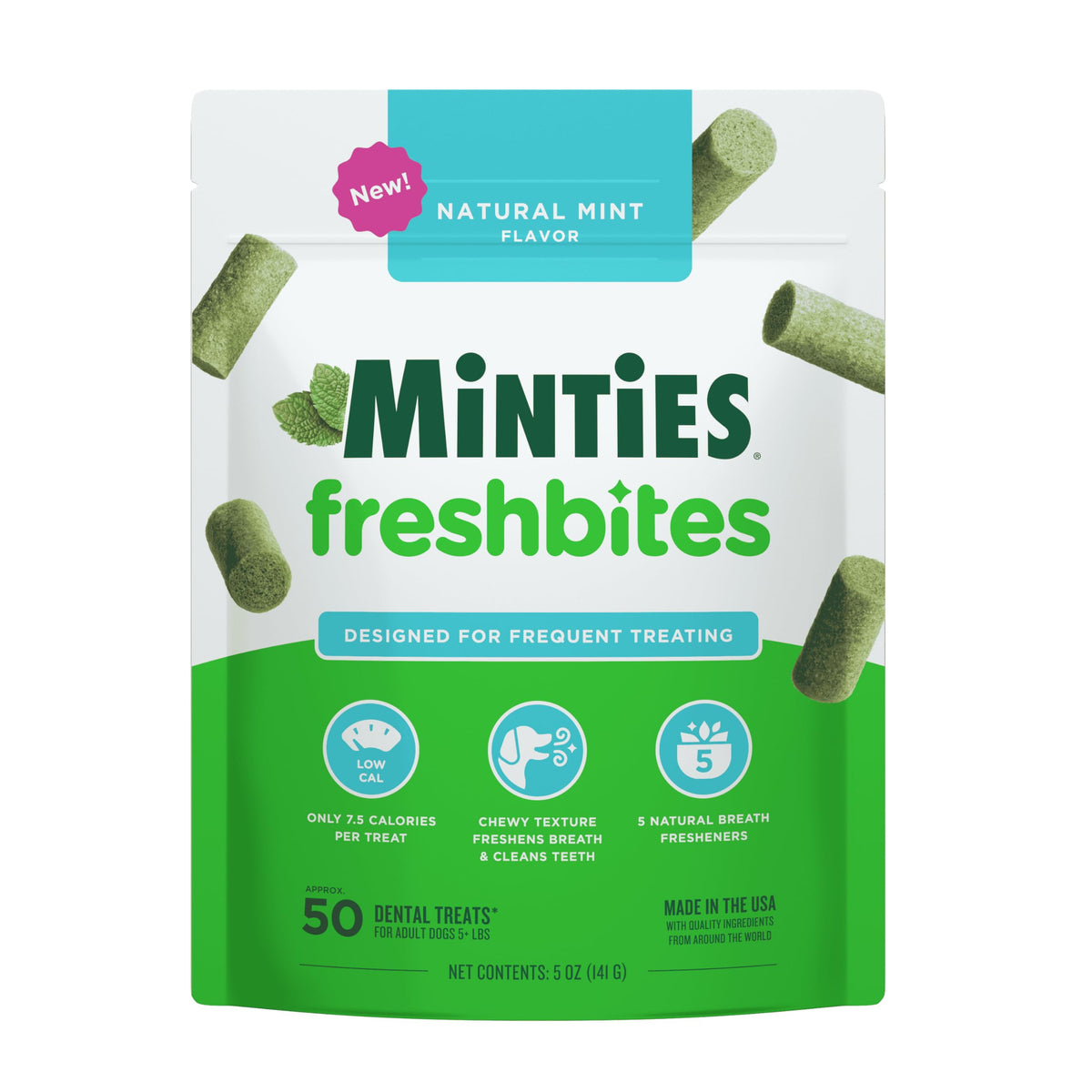 Minties FreshBites packaging close-up for daily dental care.