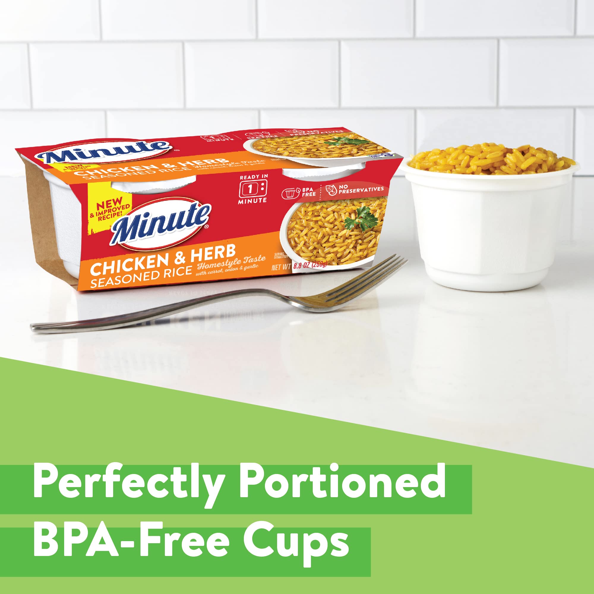 Minute gluten-free chicken-flavored rice cup, preservative-free option.
