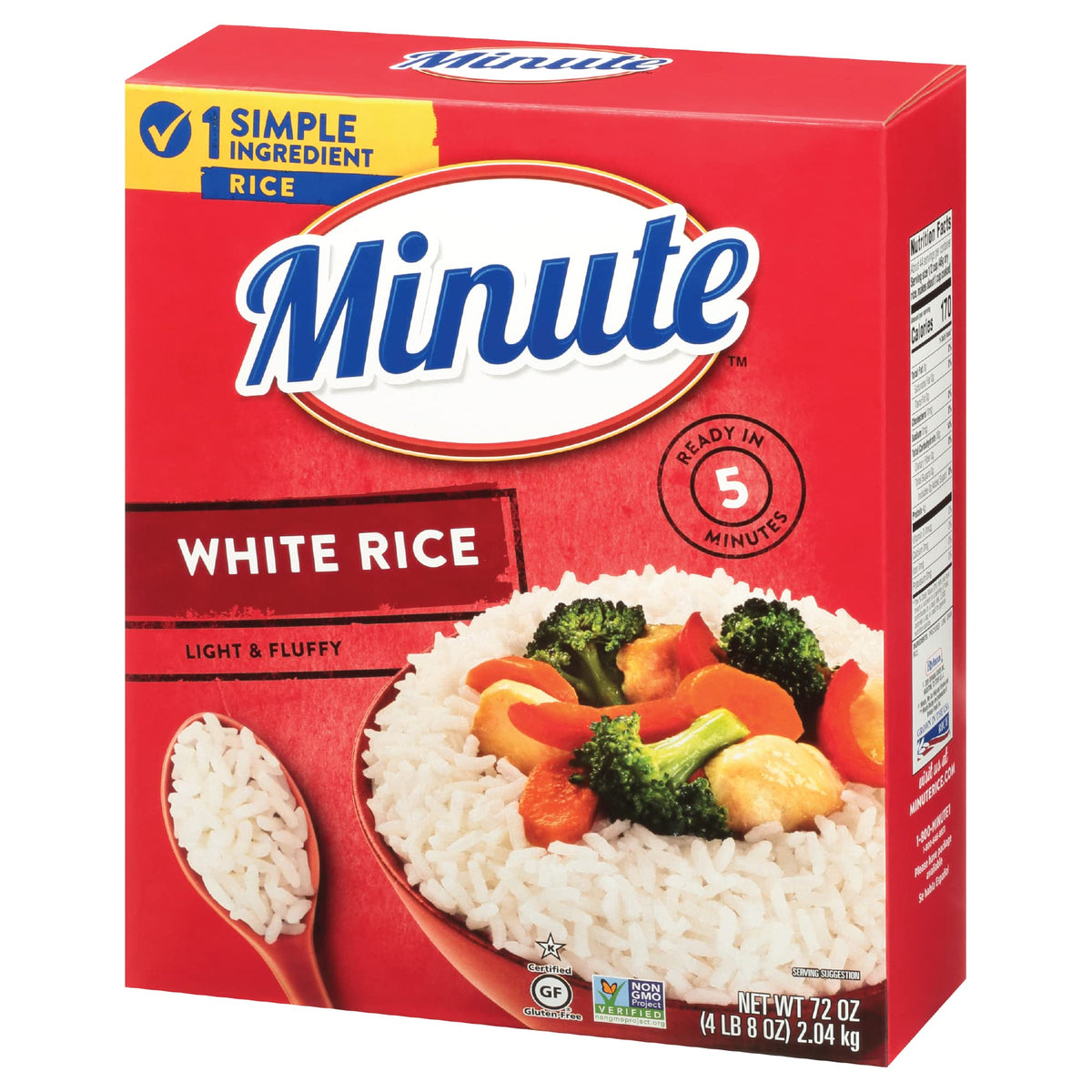 Minute Instant White Rice box front showcases quick dinner potential.
