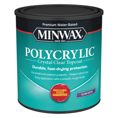 Minwax 63333 clear polycrylic satin finish on wood, protects surface and provides satin sheen.