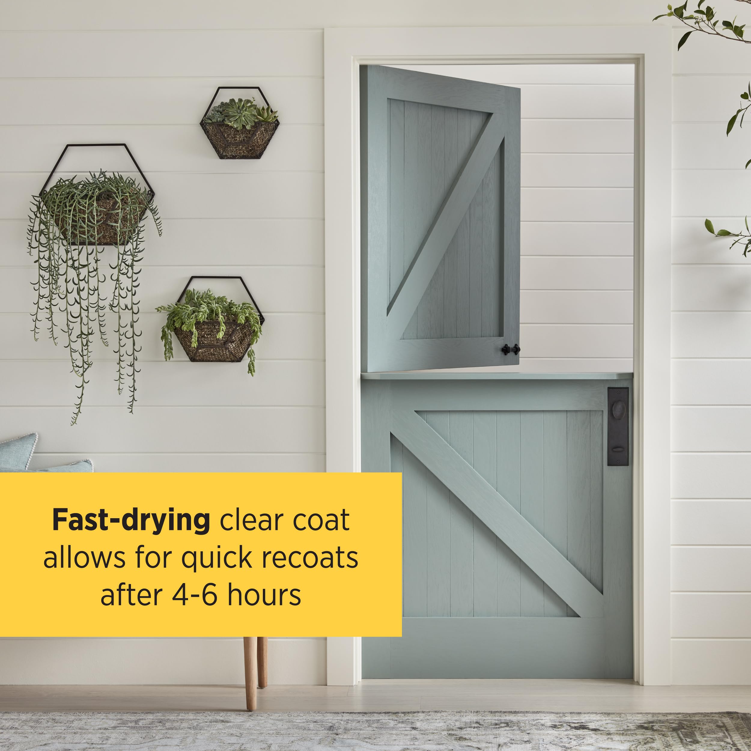 Minwax clear top coat protects wood from scratches and spills on cabinets and floors.
