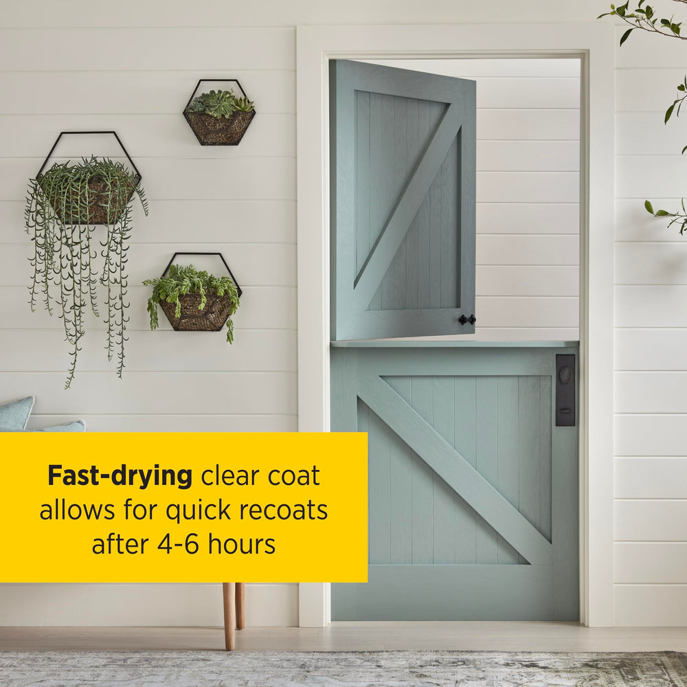 Minwax clear top coat protects wood from scratches and spills on cabinets and floors.