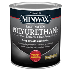Minwax Fast Drying Polyurethane bottle shows clear semi-gloss finish for interior wood protection