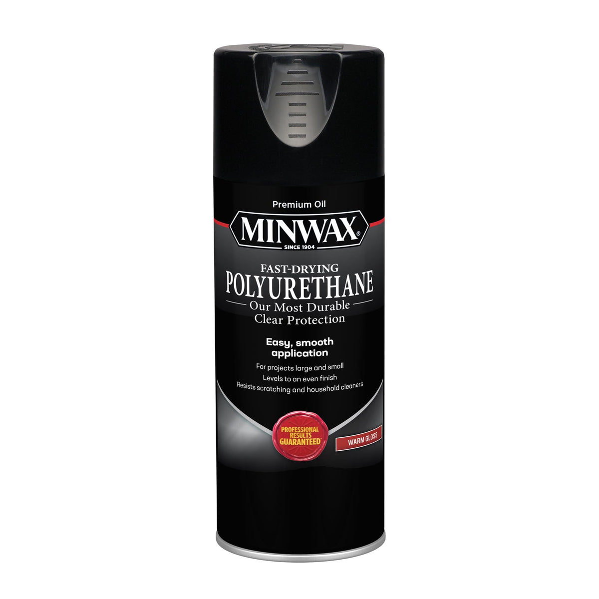 Minwax Fast-Drying Polyurethane Spray bottle protects wood with a durable clear finish.
