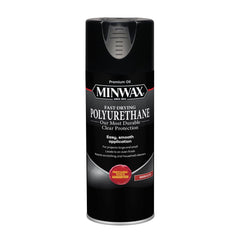 Minwax Fast-Drying Polyurethane Spray bottle protects wood with a durable clear finish.