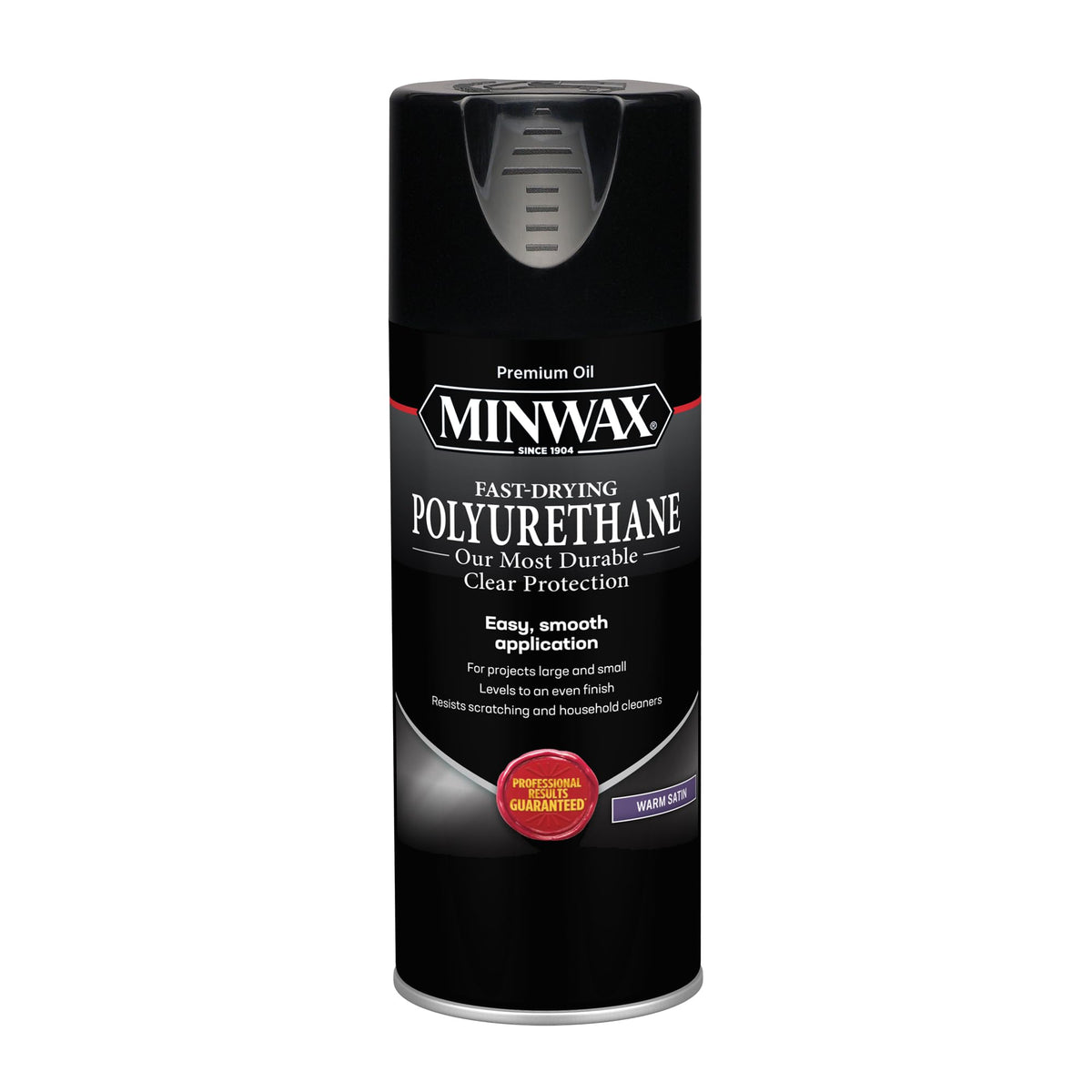 Minwax fast-drying polyurethane spray seals interior wood surfaces with a durable satin finish.