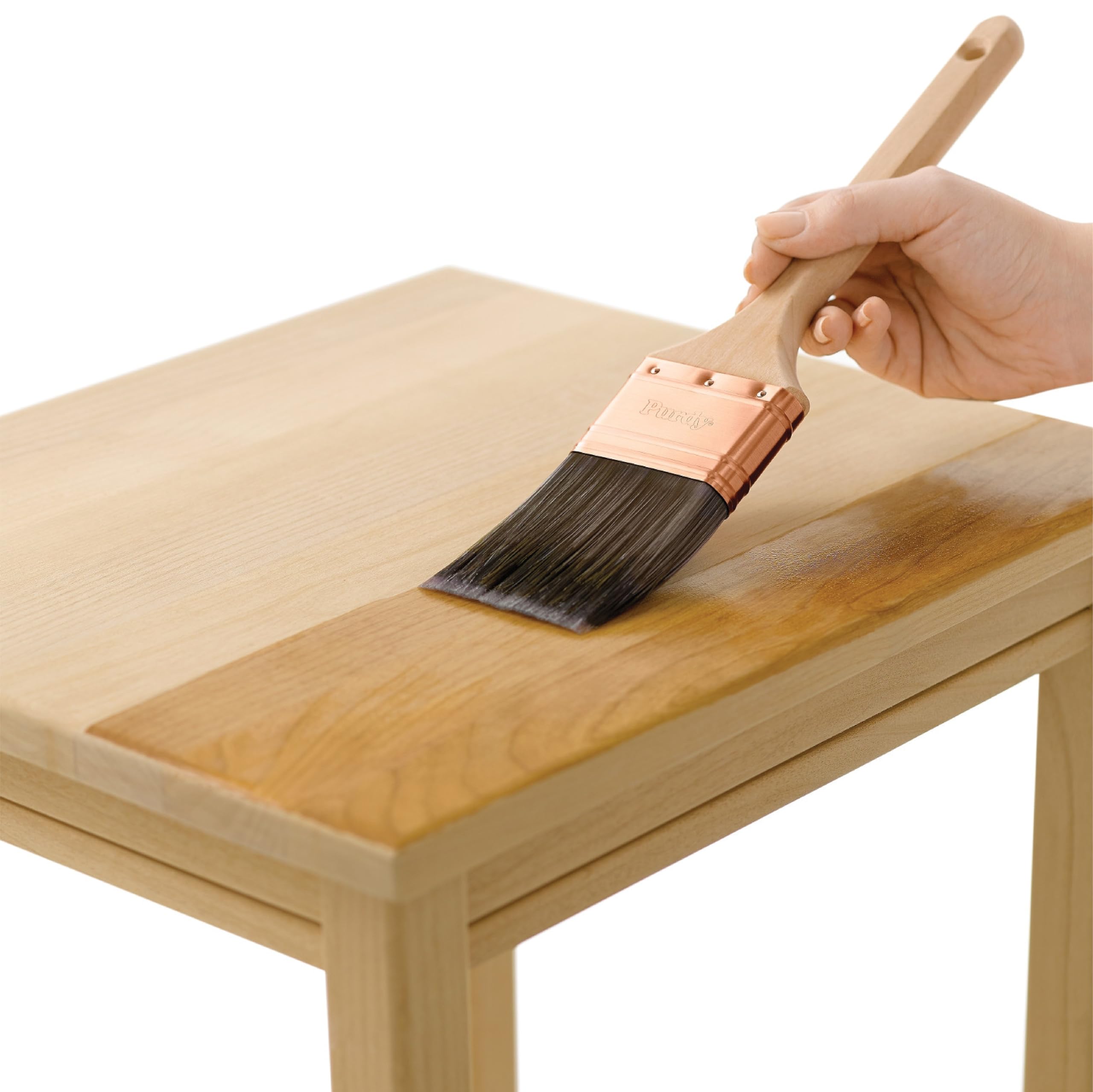Minwax brush applying polyurethane for smooth, even coats on wood furniture