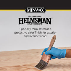 Minwax Helmsman Spar Urethane Spray applying to wood for weather resistance.