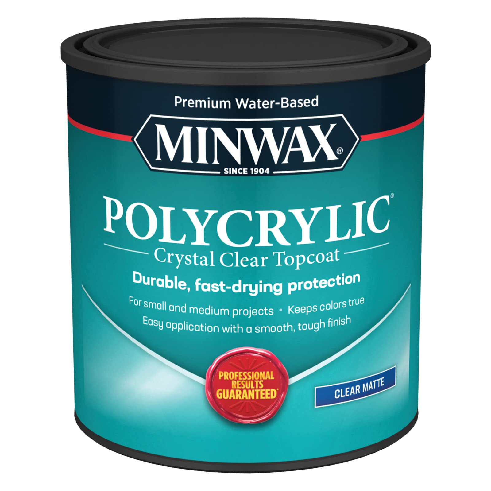 Minwax Polycrylic finish bottle shows a crystal-clear protective coating for interior wood projects.