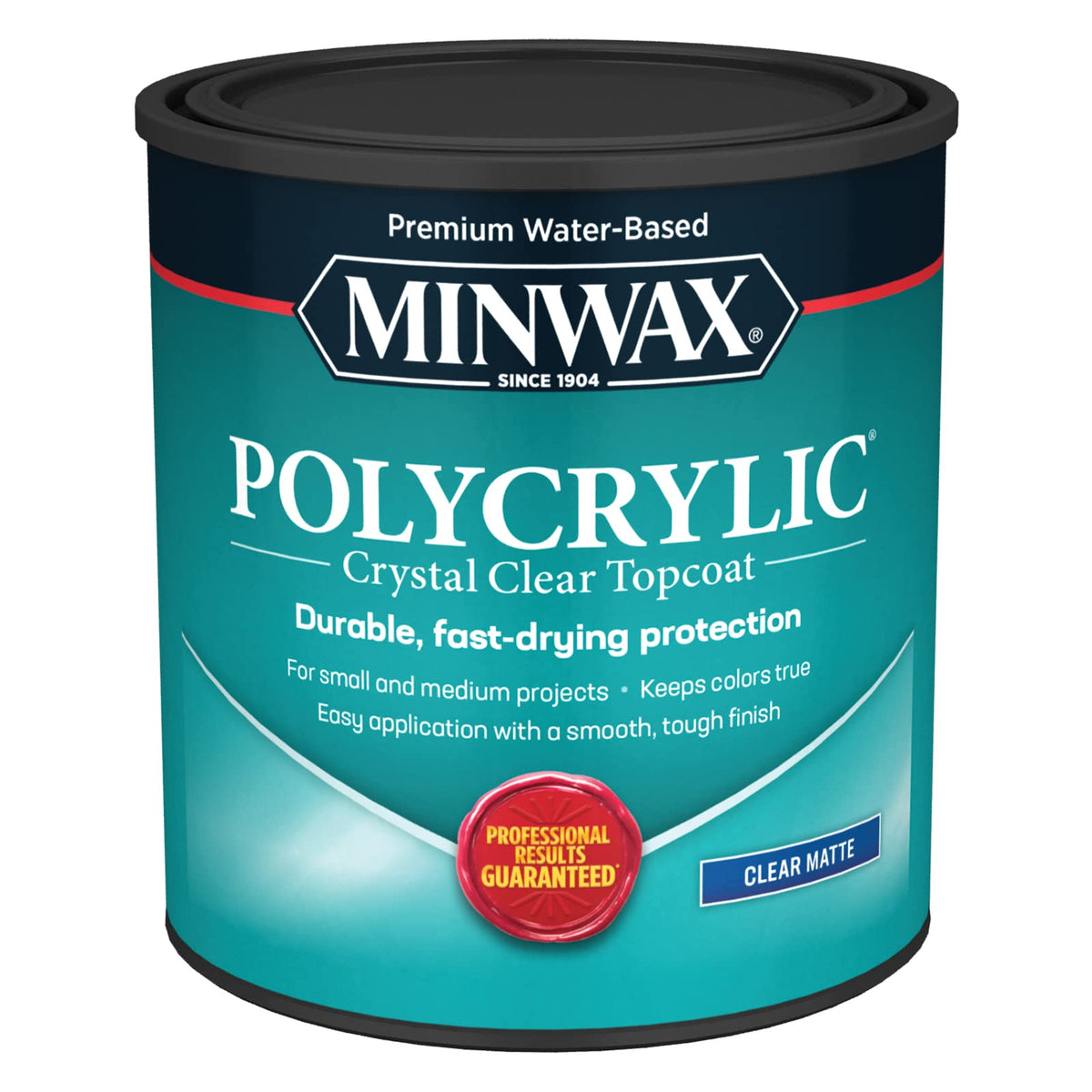 Minwax Polycrylic finish bottle shows a crystal-clear protective coating for interior wood projects.