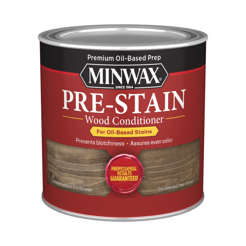 Minwax Pre-Stain Wood Conditioner bottle pour prepares wood for even stain absorption.