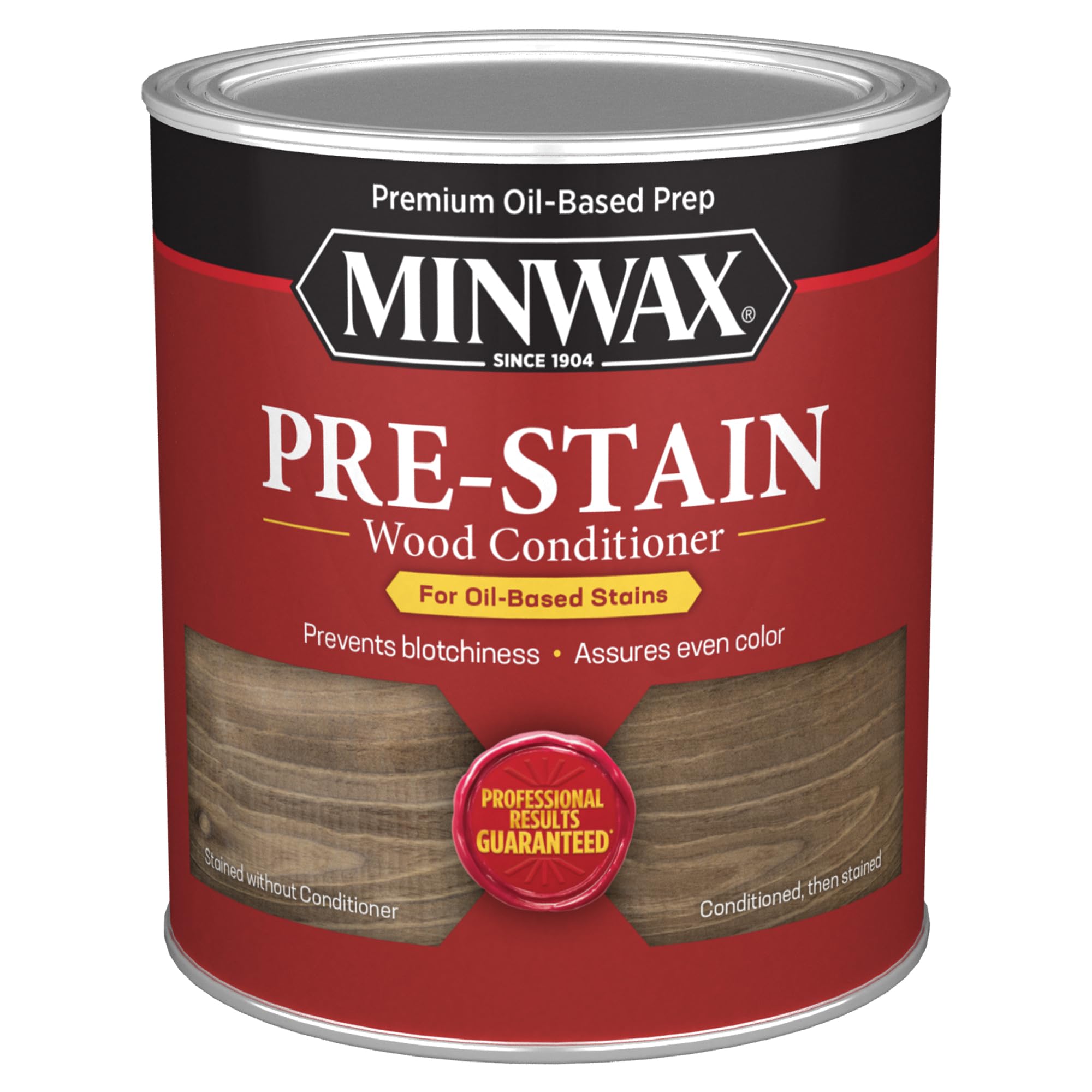 Minwax Pre-Stain Wood Conditioner clear bottle shows prep for even color