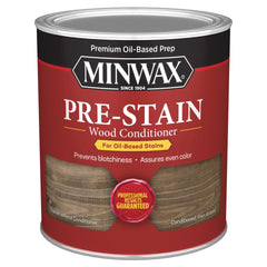 Minwax Pre-Stain Wood Conditioner clear bottle shows prep for even color