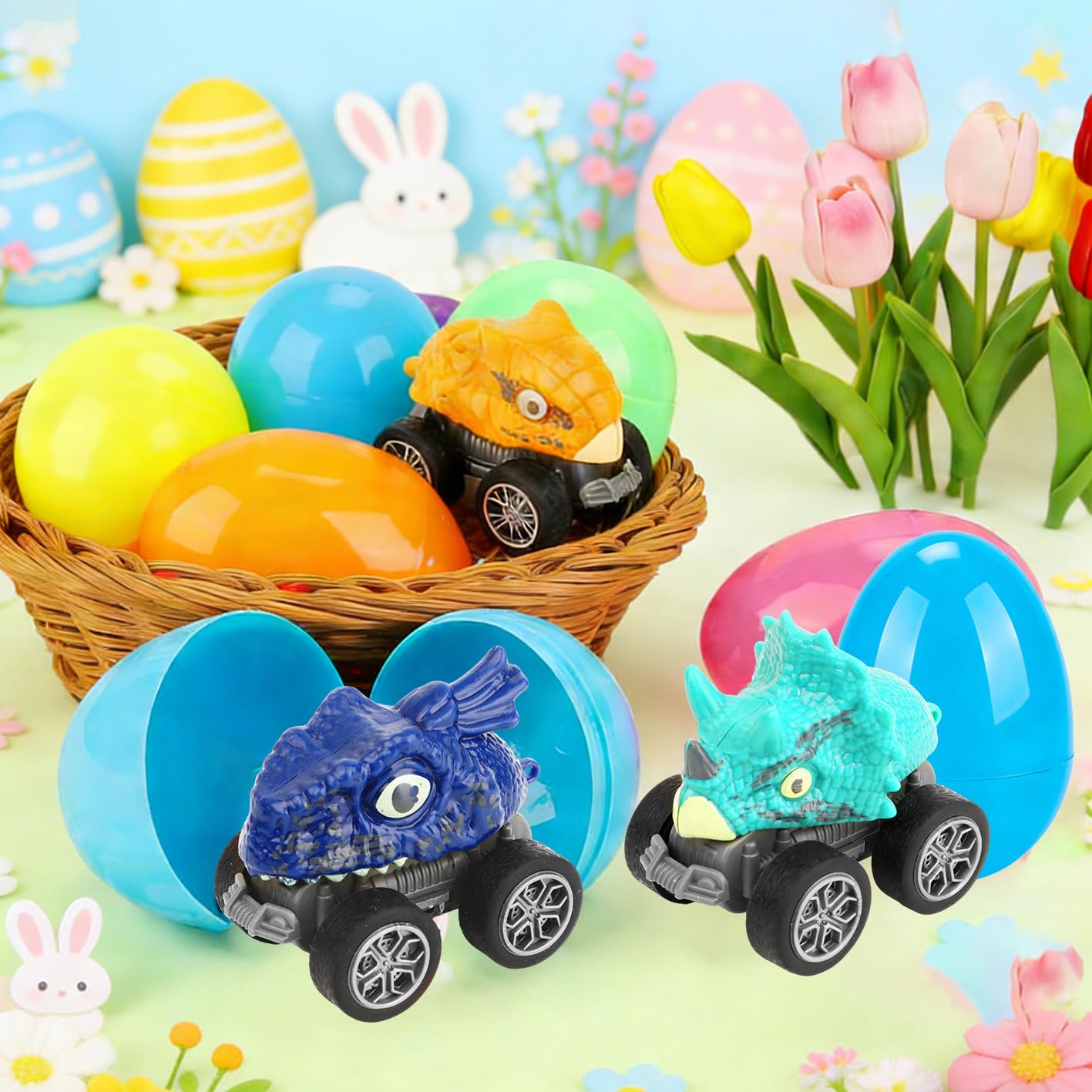 MINYSIC dinosaur pull-back car shown as party favor for quick, interactive fun.