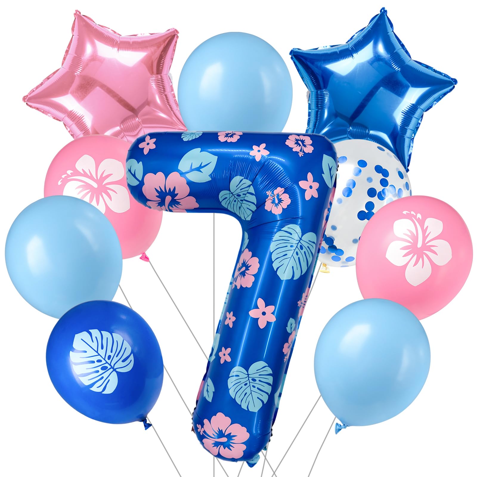 Minyu tropical floral number seven foil balloon used as a bold birthday centerpiece
