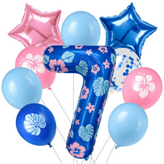 Minyu tropical floral number seven foil balloon used as a bold birthday centerpiece