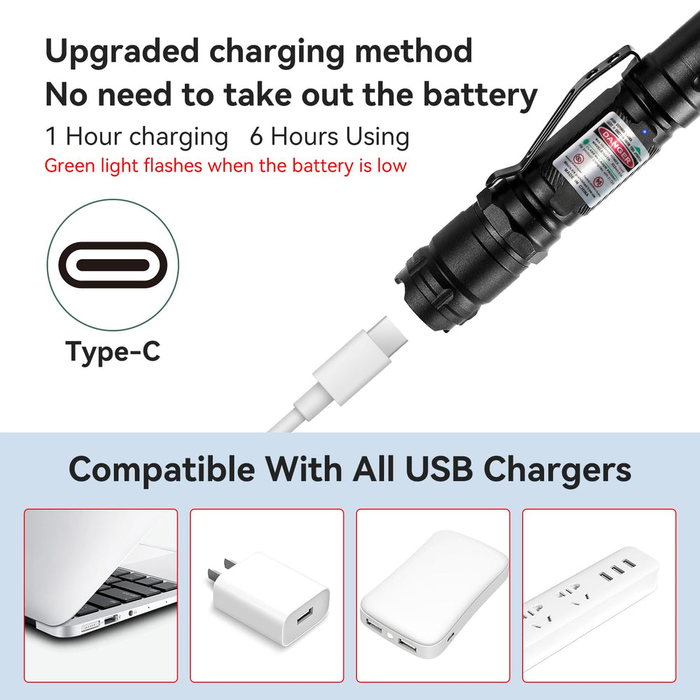 MIPREZT Professional green laser pointer charging port with USB recharge for quick power.
