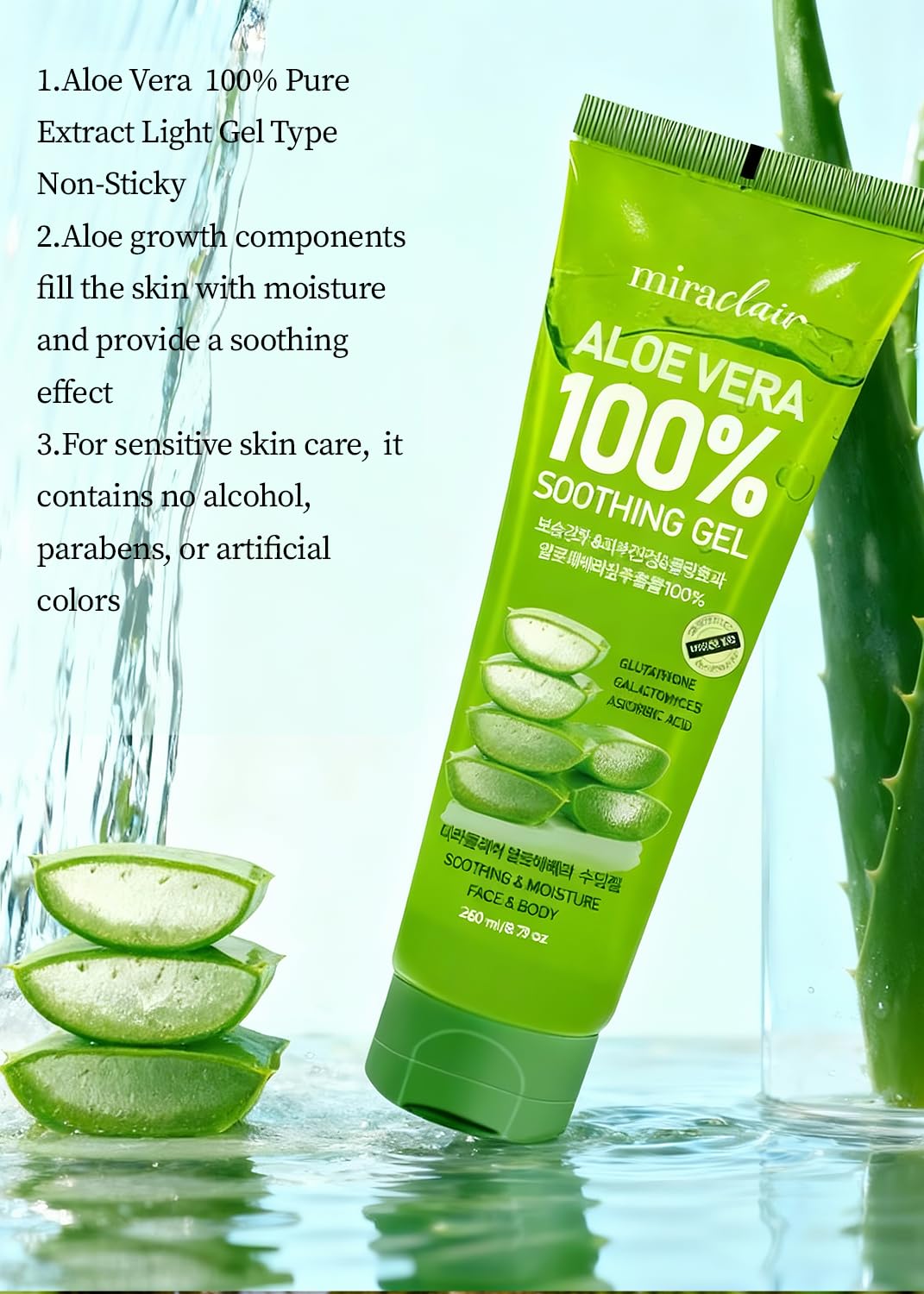 MIRACLAIR Aloe Vera Gel supports hair care and scalp smoothing.