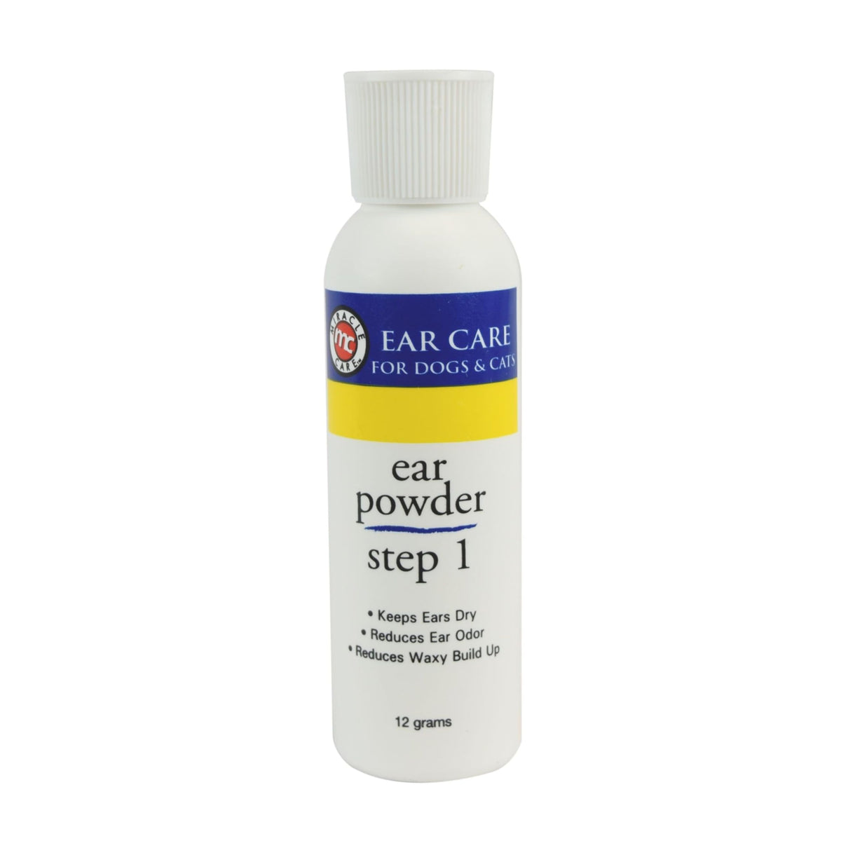 Miracle Care ear powder 12g bottle helps keep dogs' and cats' ears clean and dry.
