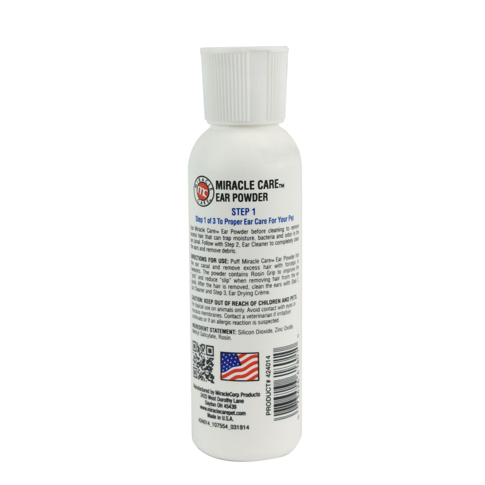 Miracle Care ear powder easy-application demonstrates gentle cleaning for irritated ears.
