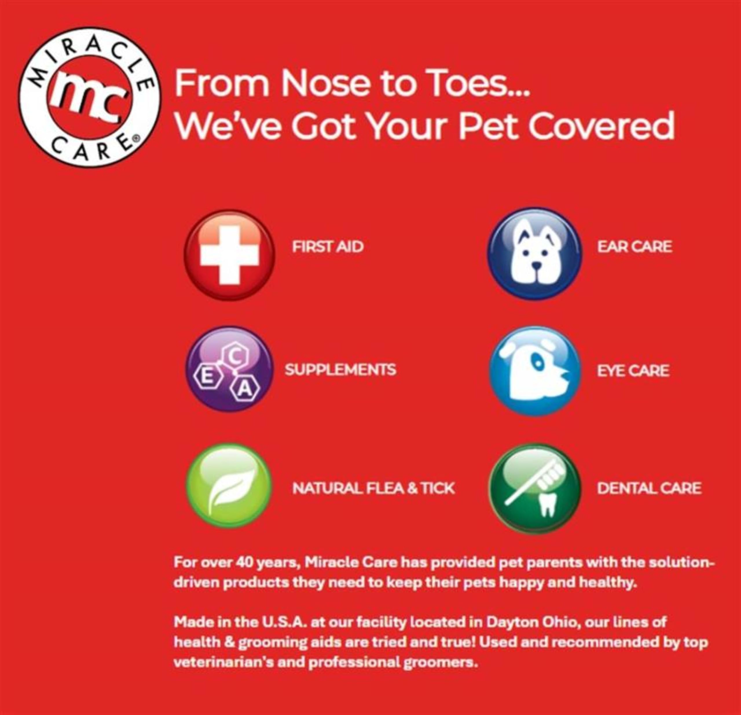 Miracle Care ear powder made in USA indicates trusted grooming heritage.