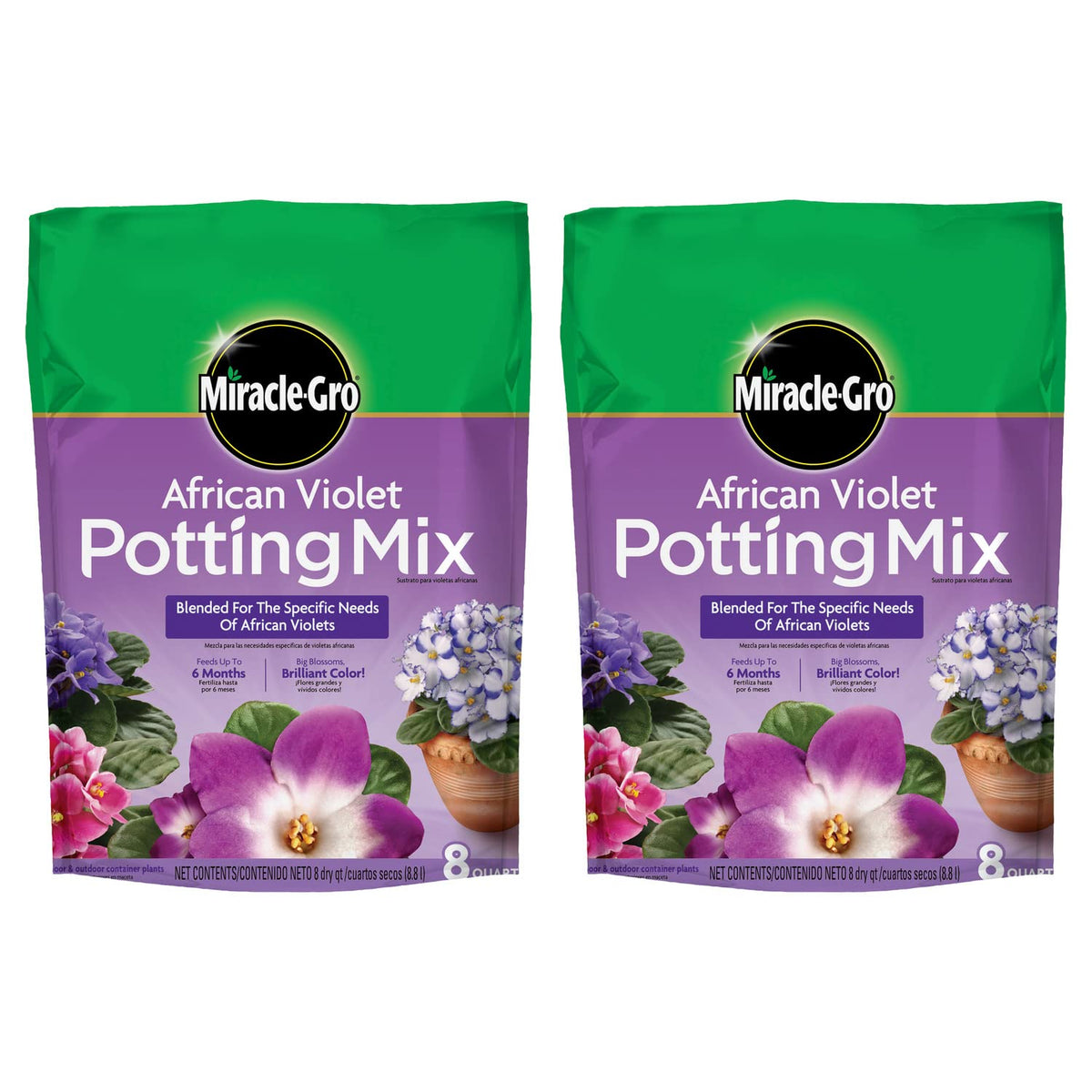 Miracle-Gro African Violet Potting Mix bag—8 qt two-pack designed for healthier blooms.