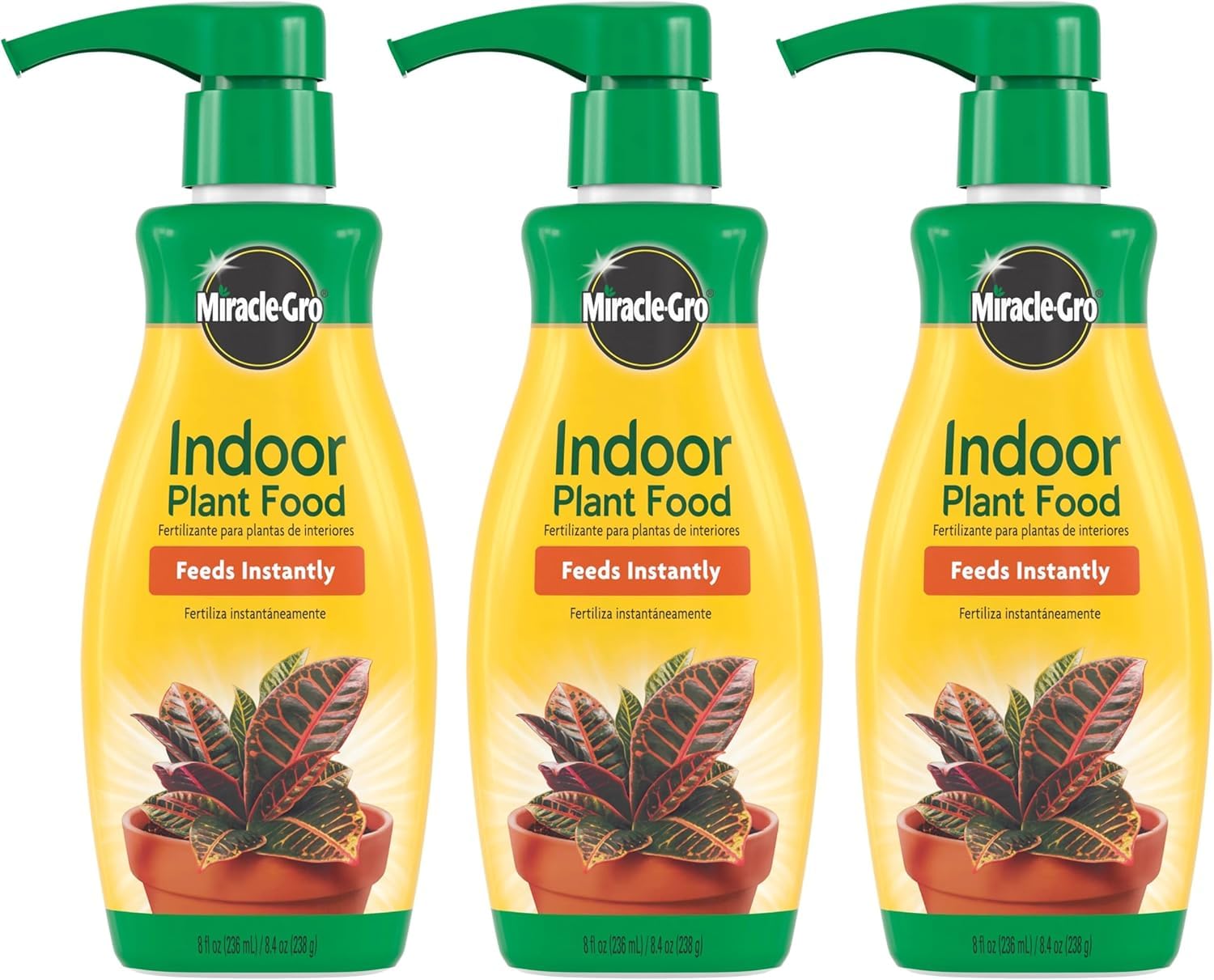 Miracle-Gro Houseplant Food 3-pack bottles for indoor plants, supports healthy growth.
