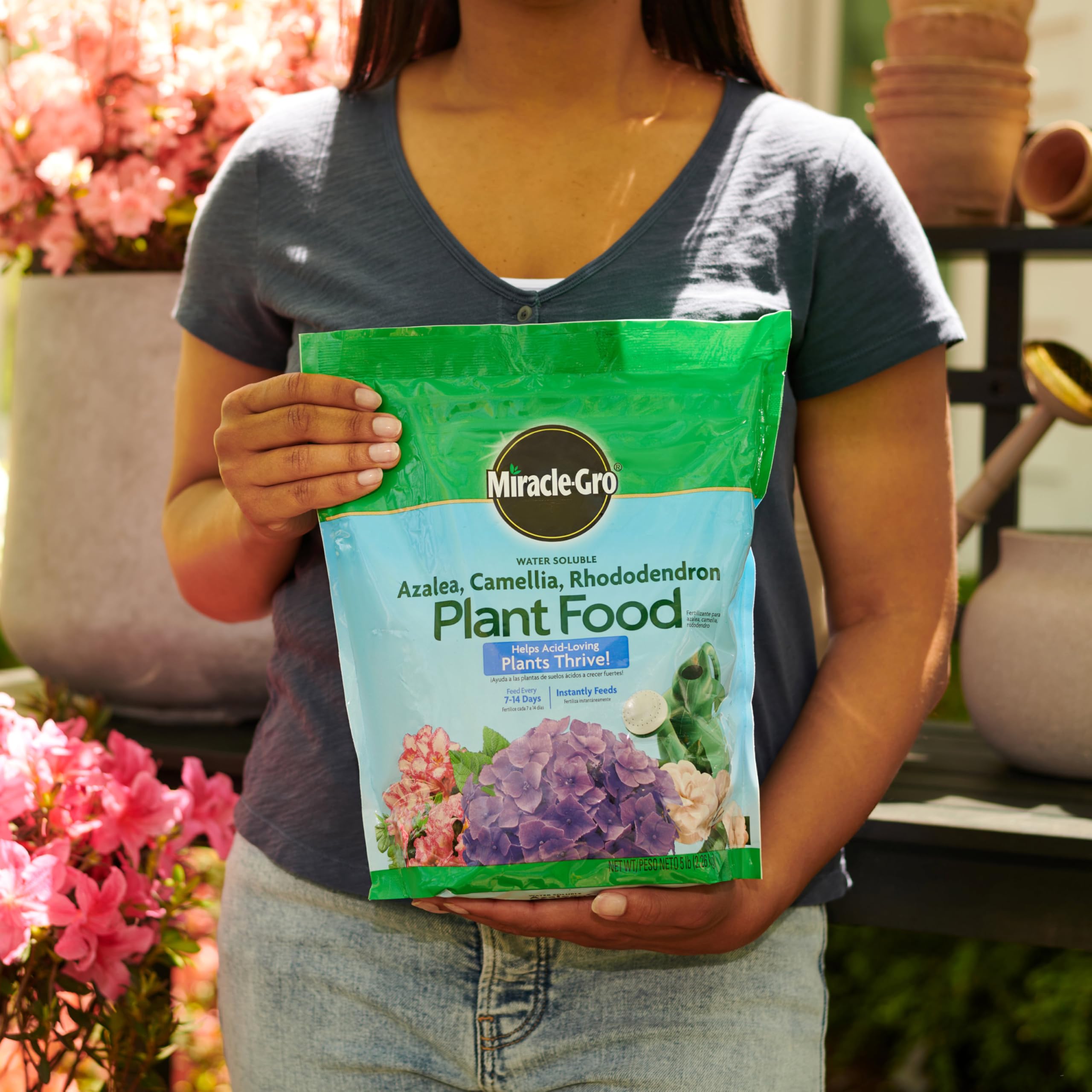 Indoor plants being fed with Miracle-Gro feeder for lush foliage.