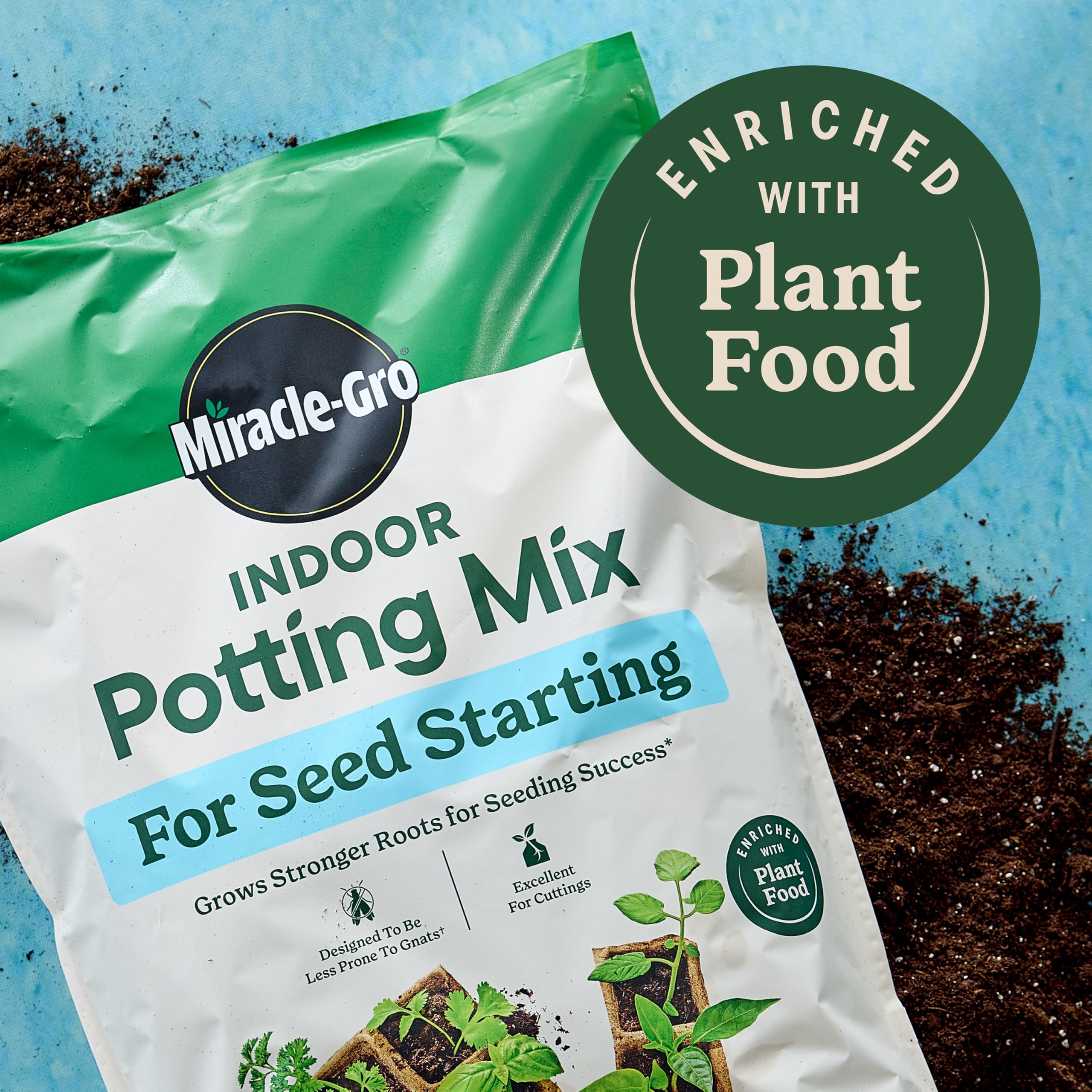 Miracle-Gro enriched potting mix with plant food promotes healthy seedling growth