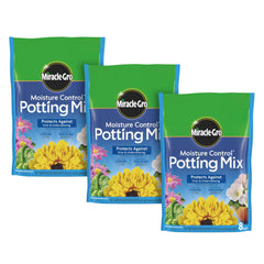 Miracle-Gro Moisture Control potting mix bag showing moisture-absorption formula for container plants.
