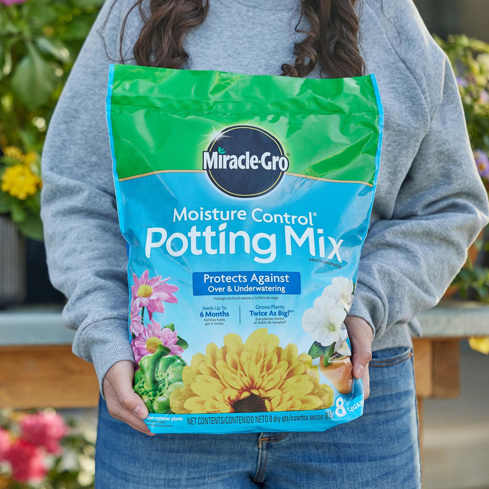 Miracle-Gro Moisture Control potting mix in a pot with a healthy container plant.