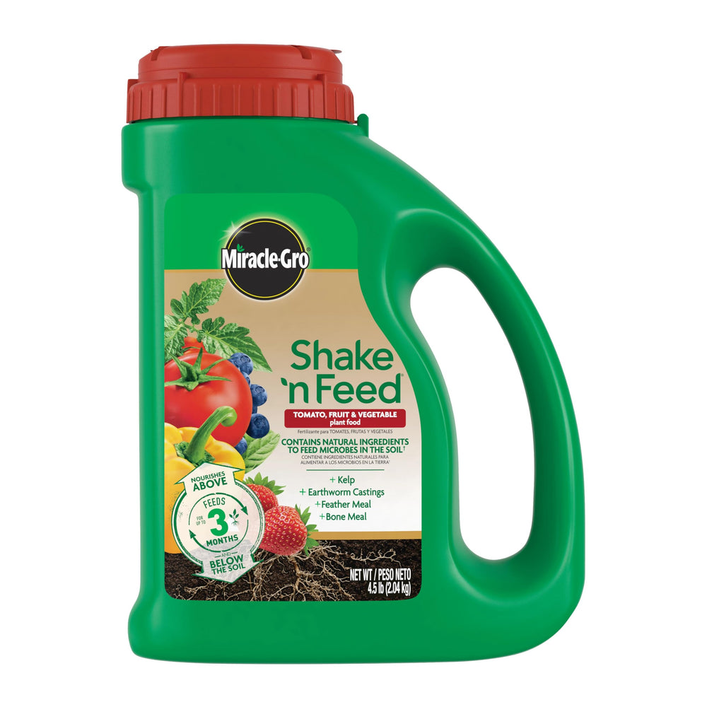 Miracle-Gro Shake 'N Feed packaging supports tomatoes, fruits, and vegetables for longer-lasting harvests