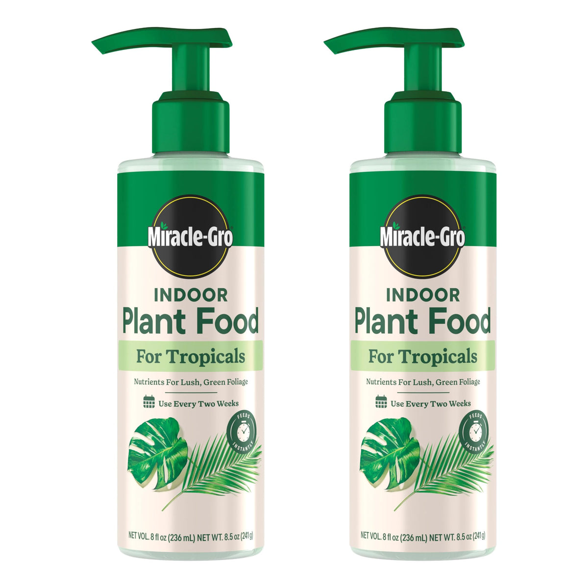 Miracle-Gro Tropicals bottle pour demonstrates quick feeding for indoor tropical plants.