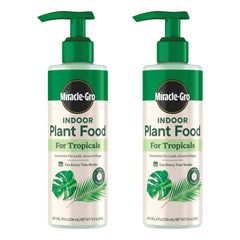 Miracle-Gro Tropicals bottle pour demonstrates quick feeding for indoor tropical plants.