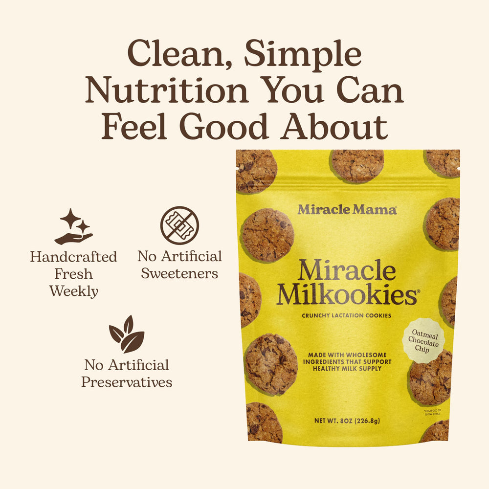 Miracle Mama Milkookies ingredient lineup with oats, flaxseed, and brewer's yeast