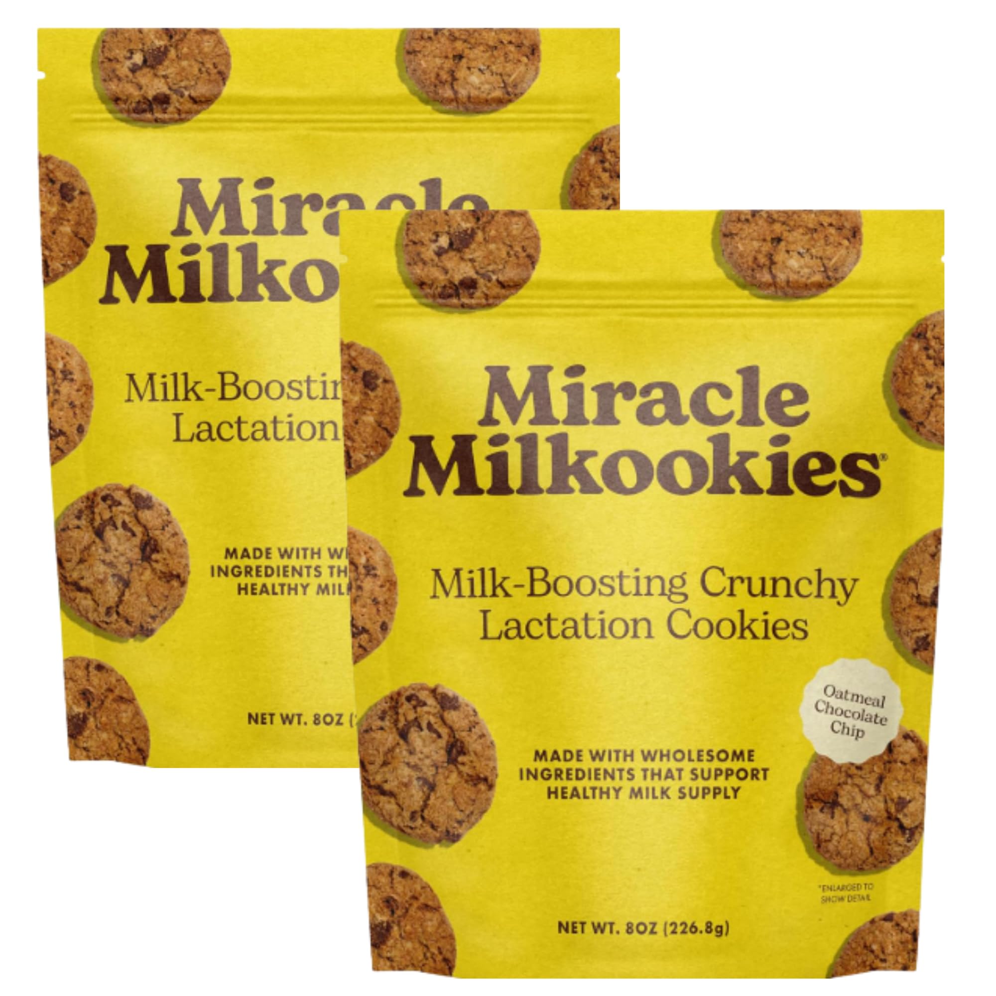 Miracle Mama Milkookies two-bag pack on the counter for on-the-go snacking