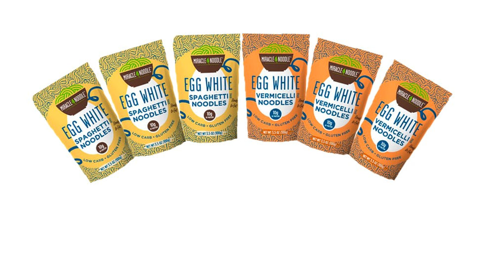 Miracle Noodle egg white angel hair pack—gluten-free, versatile sauces.