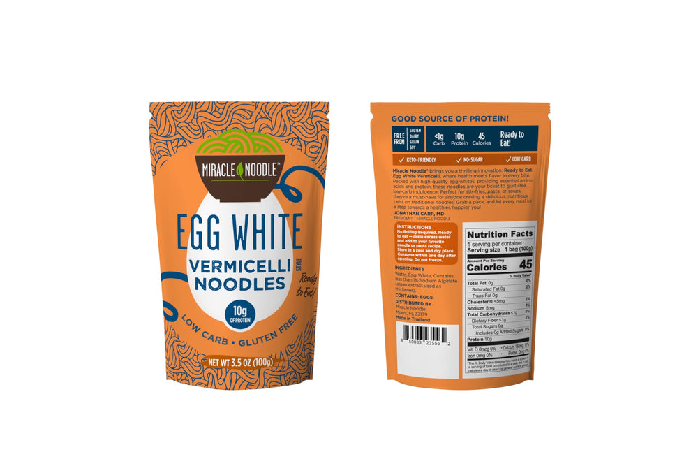 Miracle Noodle egg white pasta close-up—clean ingredients, noodle-like texture.