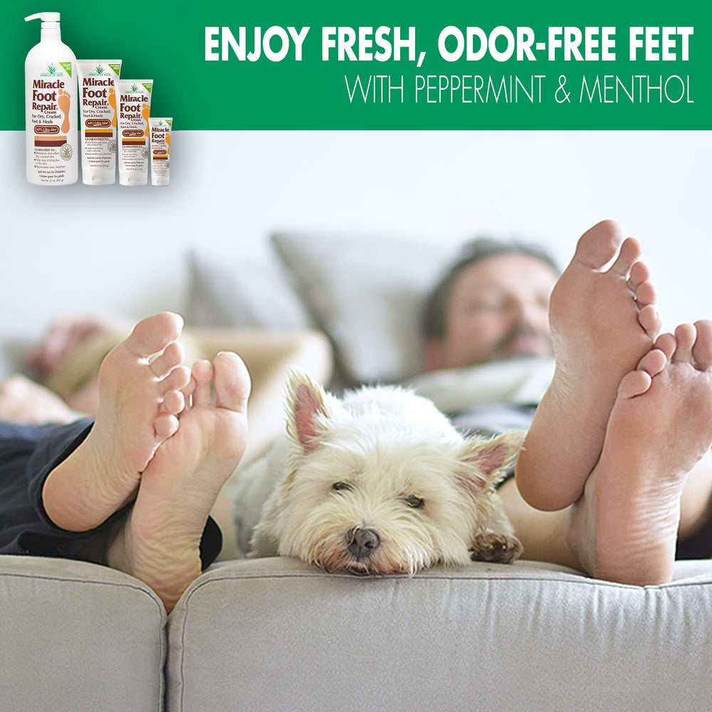 Miracle of Aloe foot repair cream application area shows hands spreading on feet